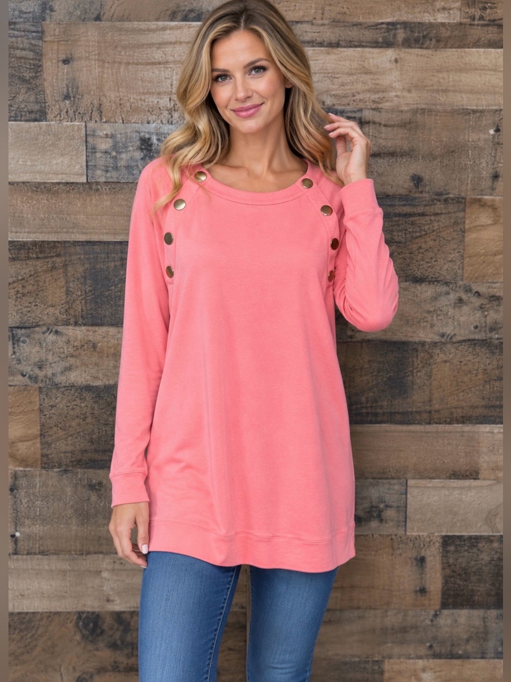 Chico’s Women's Pink Long Sleeve Tunic Shirt Blouse Top Gold Size 2 Medium M 10